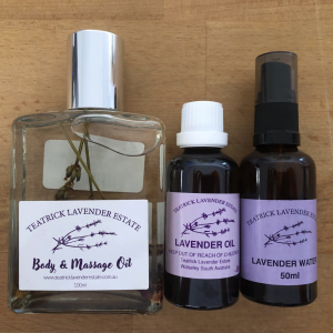 Teatrick Lavender Estate body and massage oil, lavender essential oil and lavender water displayed together as a natural wellness product range.