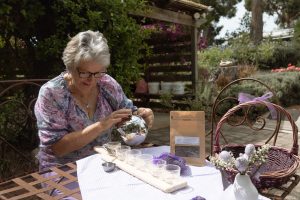 Preparing lavender tea and showcasing handcrafted lavender products at Teatrick Lavender Estate in South Australia's Limestone Coast.
